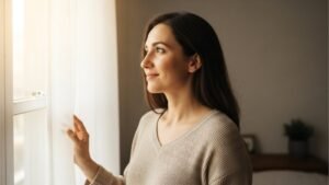 Woman looking out a window with soft sunlight symbolizing self-worth and emotional healing